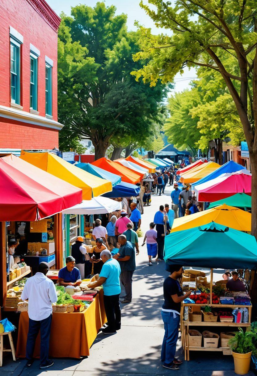 A vibrant community scene showcasing neighbors collaborating and bidding on local services, with diverse individuals enthusiastically engaging in conversation. Include a colorful market stall filled with homemade goods, community members of various backgrounds discussing plans, and trees lining the street to enhance the neighborhood feel. Imbue the scene with a sense of opportunity and teamwork through bright colors and dynamic expressions. super-realistic. vibrant colors. community-focused.
