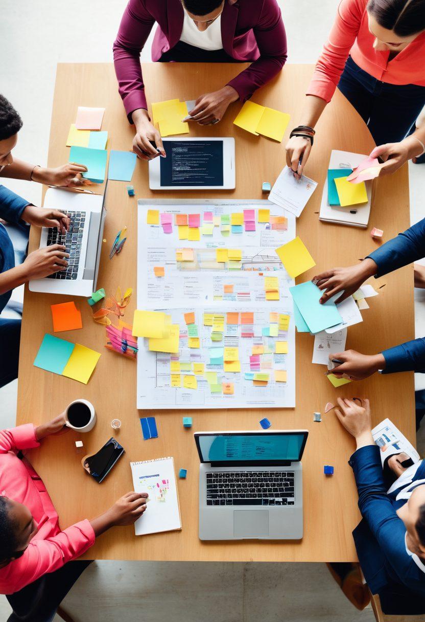 A diverse group of enthusiastic entrepreneurs collaborating around a large table filled with innovative tools and technology, symbolizing community and growth. Visual elements include dynamic graphs and colorful sticky notes showcasing bidding opportunities, with a bright and inspiring atmosphere. Incorporate elements of connection, such as hands reaching out and digital devices displaying community platforms. vibrant colors. contemporary style. natural lighting.